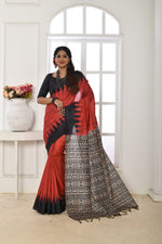 Thumbnail for Jyoti Fashion Women's Red Soft Tussar Silk Printed Temple Border Traditional Saree with Blouse - Distacart