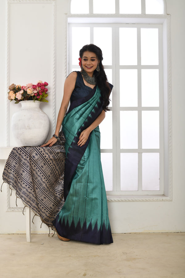 Jyoti Fashion Women's Firozi Soft Tussar Silk Printed Temple Border Traditional Saree with Blouse - Distacart