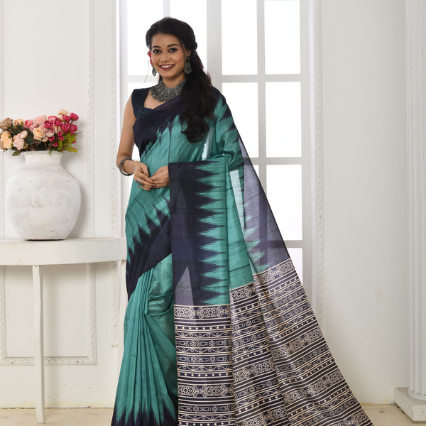 Jyoti Fashion Women's Firozi Soft Tussar Silk Printed Temple Border Traditional Saree with Blouse - Distacart