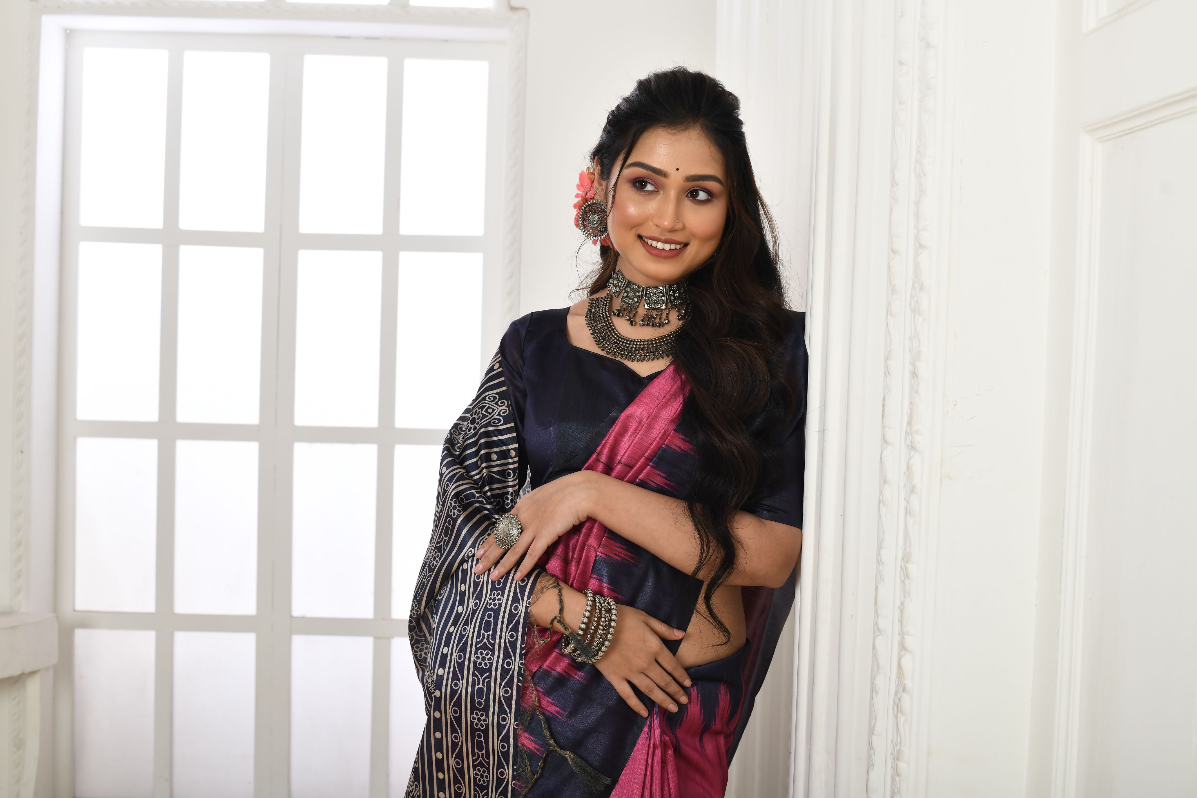 Jyoti Fashion Women's Pink Soft Tussar Silk Printed Temple Border Traditional Saree with Blouse - Distacart