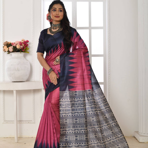Jyoti Fashion Women's Pink Soft Tussar Silk Printed Temple Border Traditional Saree with Blouse - Distacart