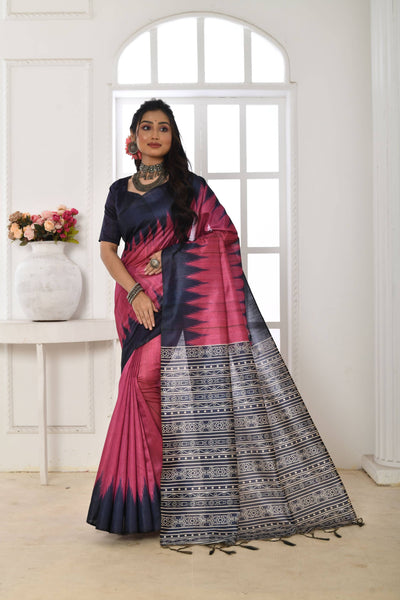 Jyoti Fashion Women's Pink Soft Tussar Silk Printed Temple Border Traditional Saree with Blouse - Distacart