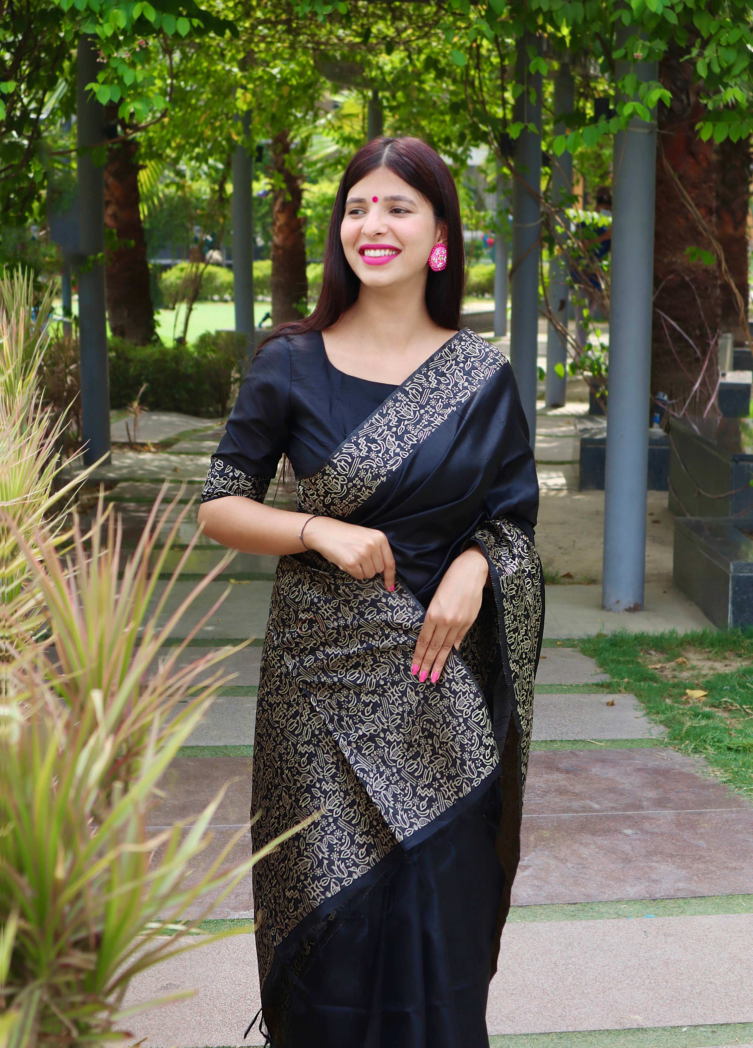 Jyoti Fashion Women's Black Handloom Raw Silk Printed Border Traditional Saree with Blouse - Distacart