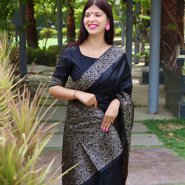 Jyoti Fashion Women's Black Handloom Raw Silk Printed Border Traditional Saree with Blouse - Distacart