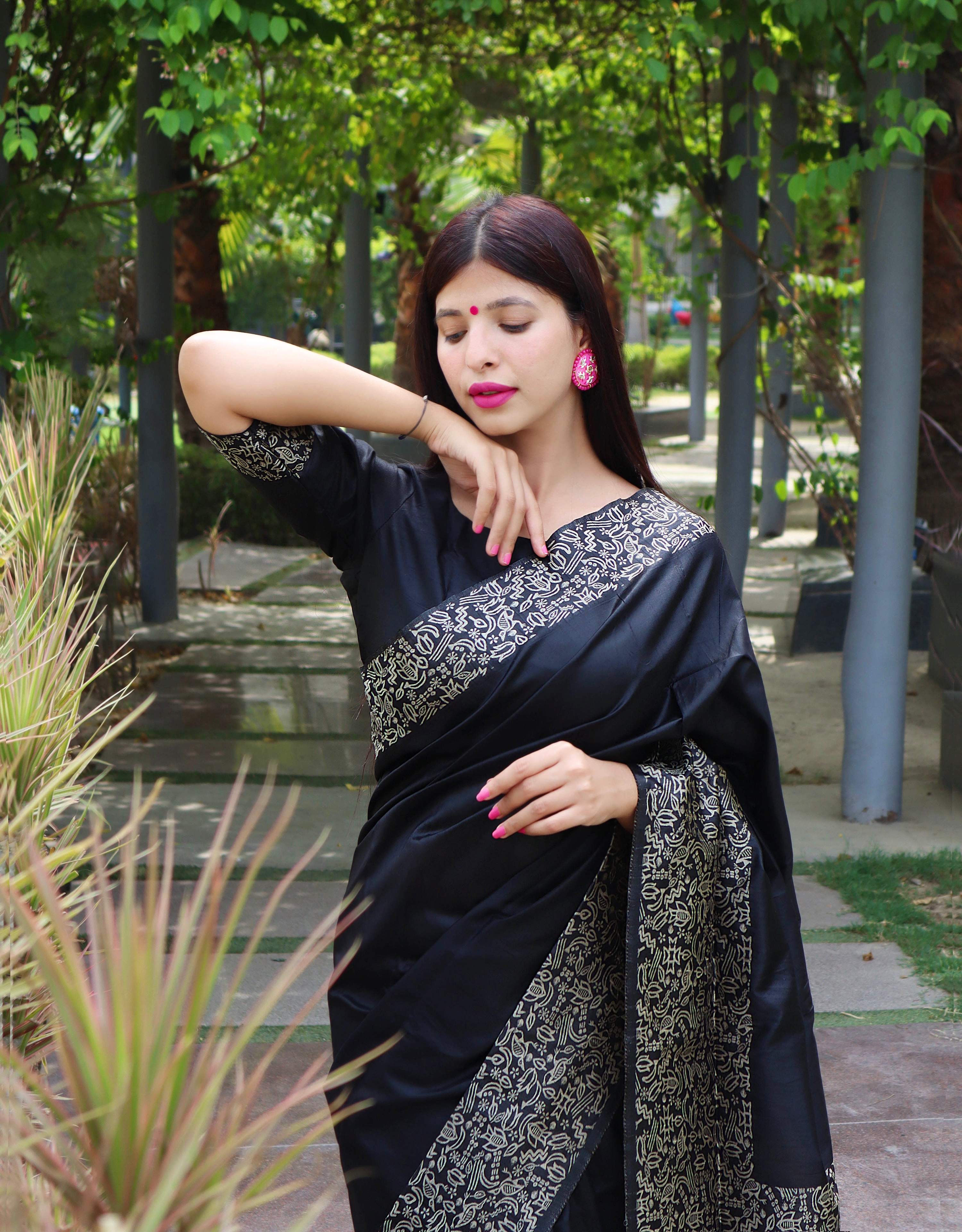 Jyoti Fashion Women's Black Handloom Raw Silk Printed Border Traditional Saree with Blouse - Distacart