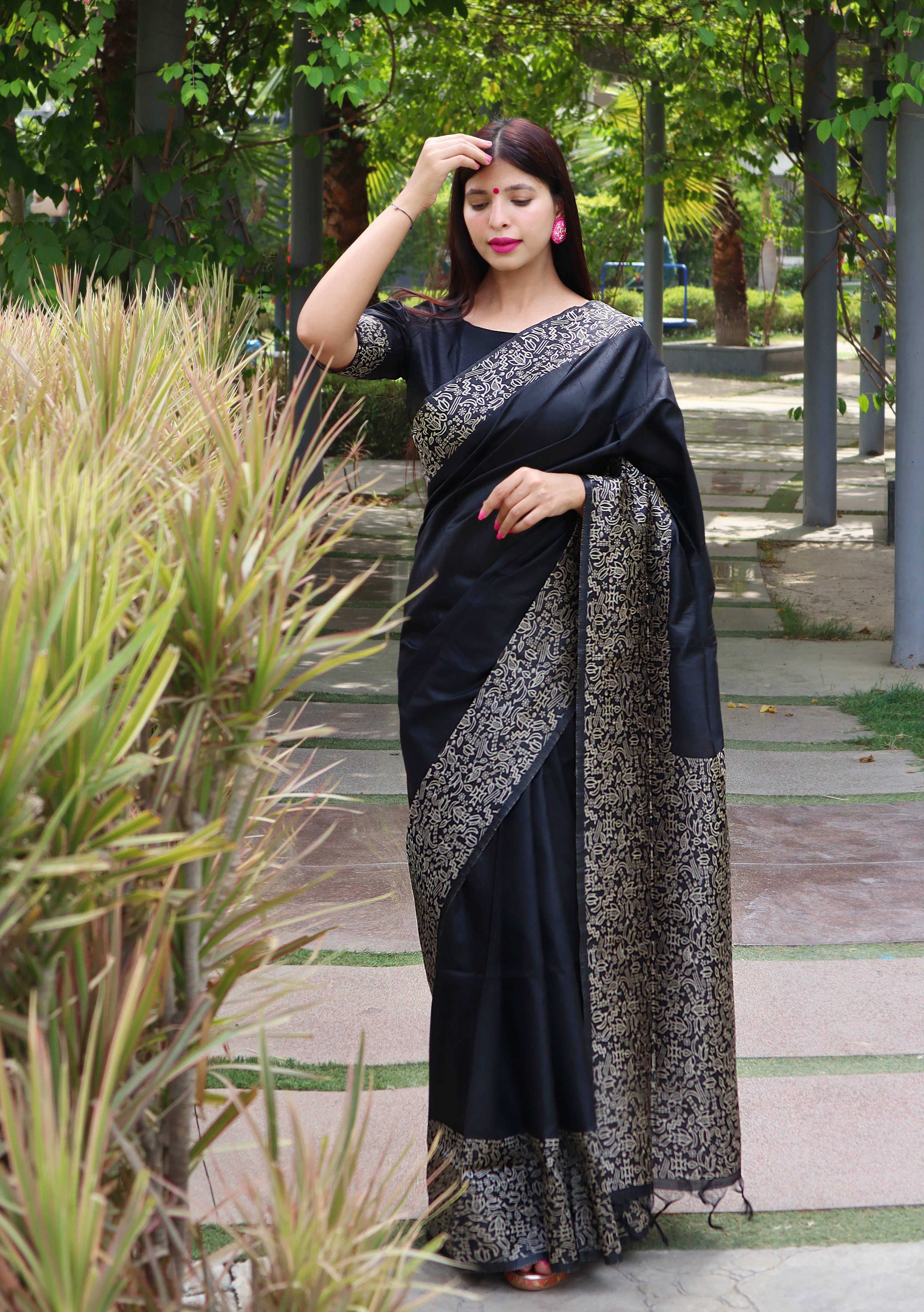 Jyoti Fashion Women's Black Handloom Raw Silk Printed Border Traditional Saree with Blouse - Distacart