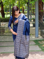 Thumbnail for Jyoti Fashion Women's Blue Handloom Raw Silk Printed Border Traditional Saree with Blouse - Distacart