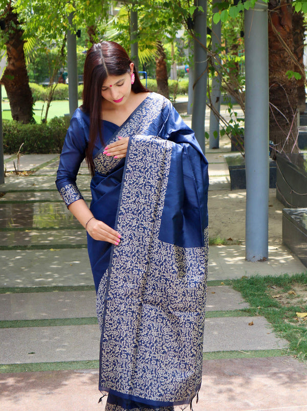 Jyoti Fashion Women's Blue Handloom Raw Silk Printed Border Traditional Saree with Blouse - Distacart