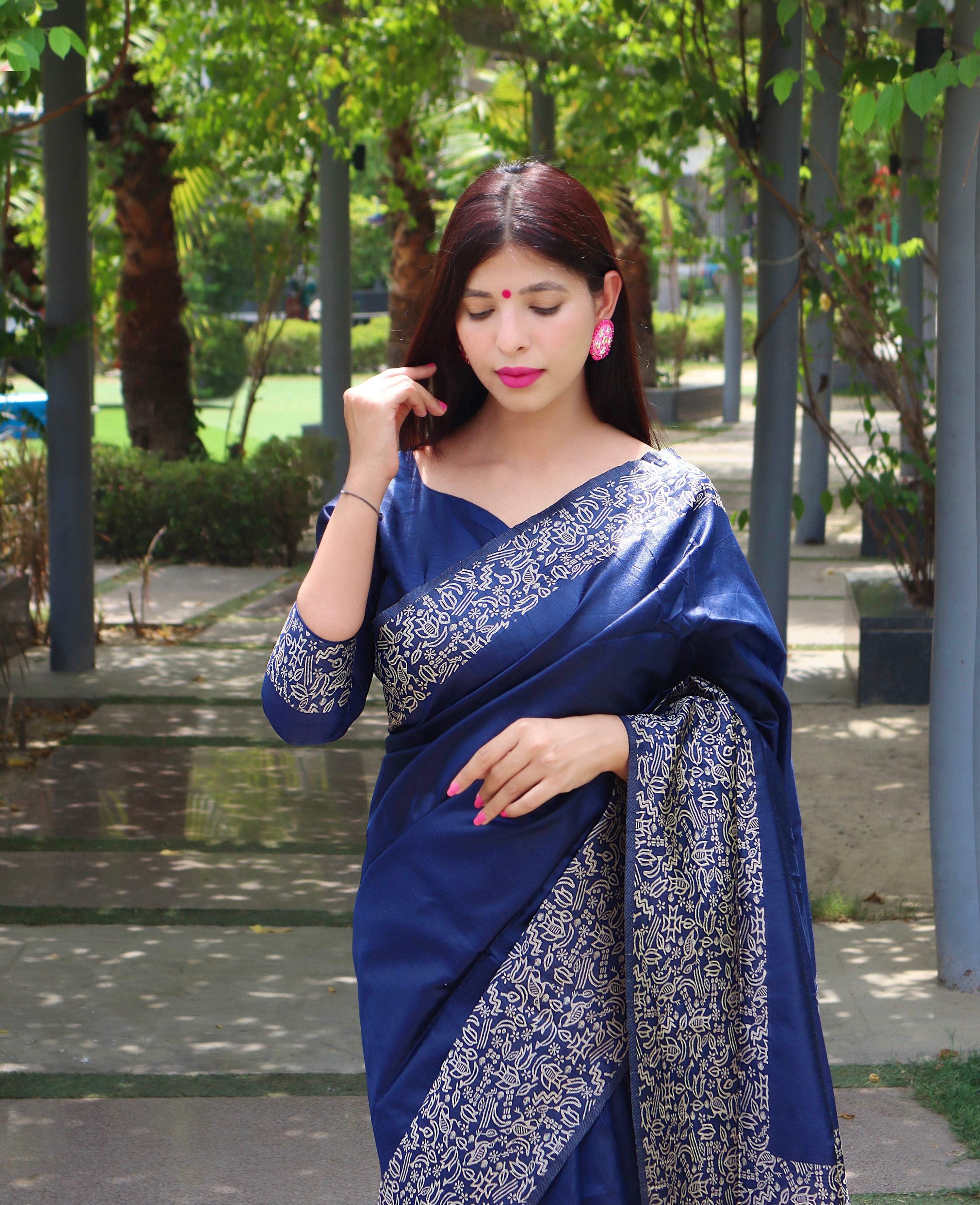 Jyoti Fashion Women's Blue Handloom Raw Silk Printed Border Traditional Saree with Blouse - Distacart