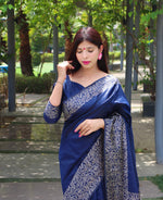 Thumbnail for Jyoti Fashion Women's Blue Handloom Raw Silk Printed Border Traditional Saree with Blouse - Distacart