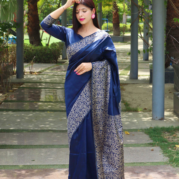 Jyoti Fashion Women's Blue Handloom Raw Silk Printed Border Traditional Saree with Blouse - Distacart