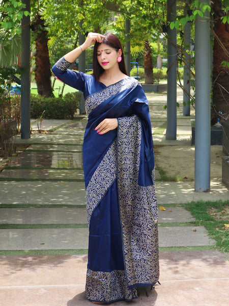 Jyoti Fashion Women's Blue Handloom Raw Silk Printed Border Traditional Saree with Blouse - Distacart