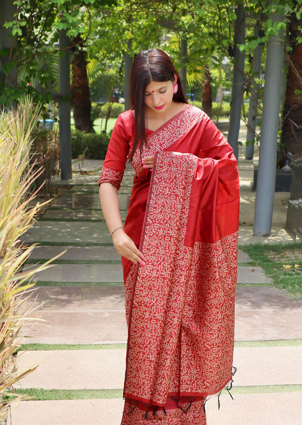 Jyoti Fashion Women's Red Handloom Raw Silk Printed Border Traditional Saree with Blouse - Distacart