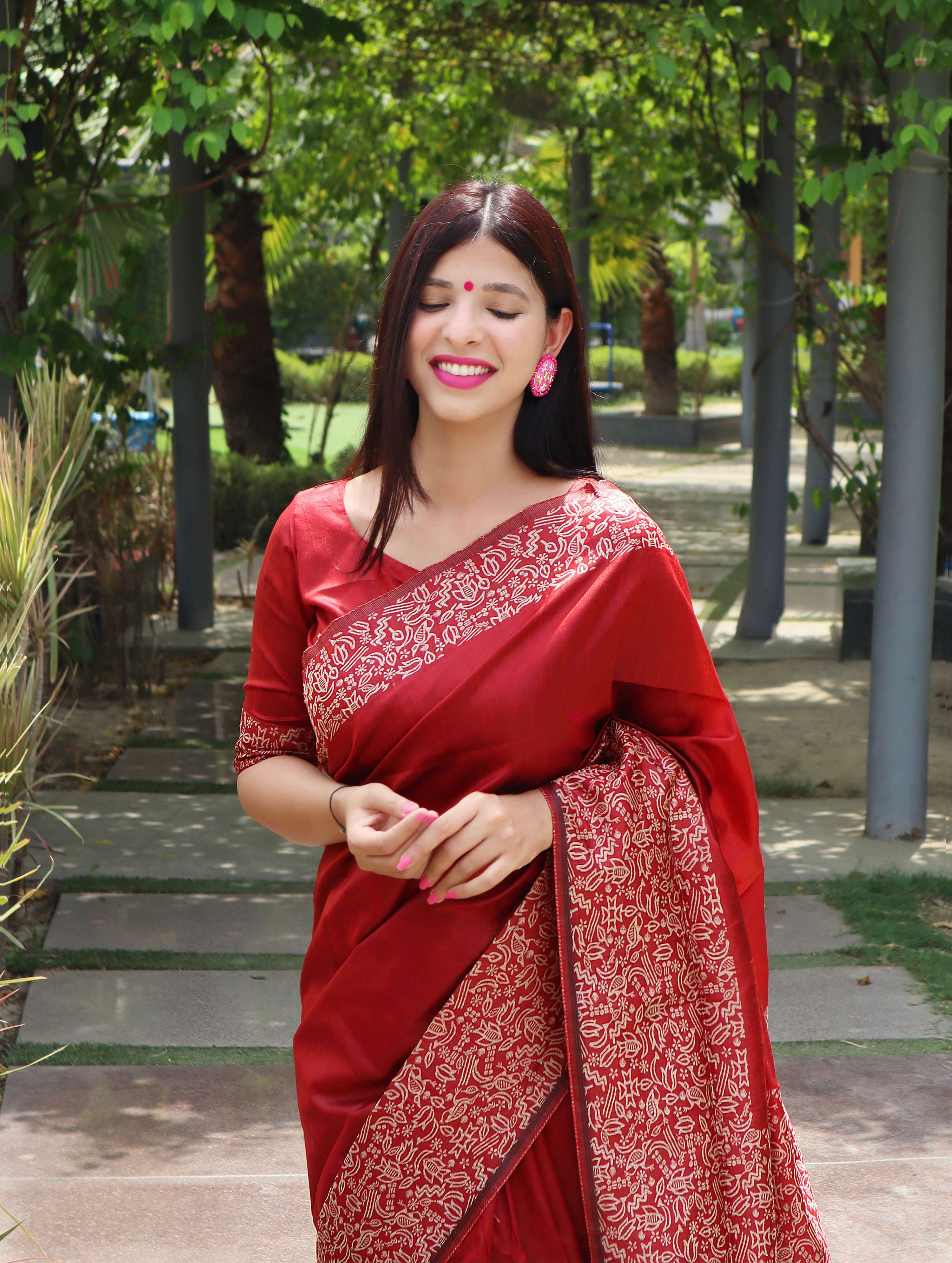 Jyoti Fashion Women's Red Handloom Raw Silk Printed Border Traditional Saree with Blouse - Distacart