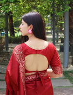 Thumbnail for Jyoti Fashion Women's Red Handloom Raw Silk Printed Border Traditional Saree with Blouse - Distacart