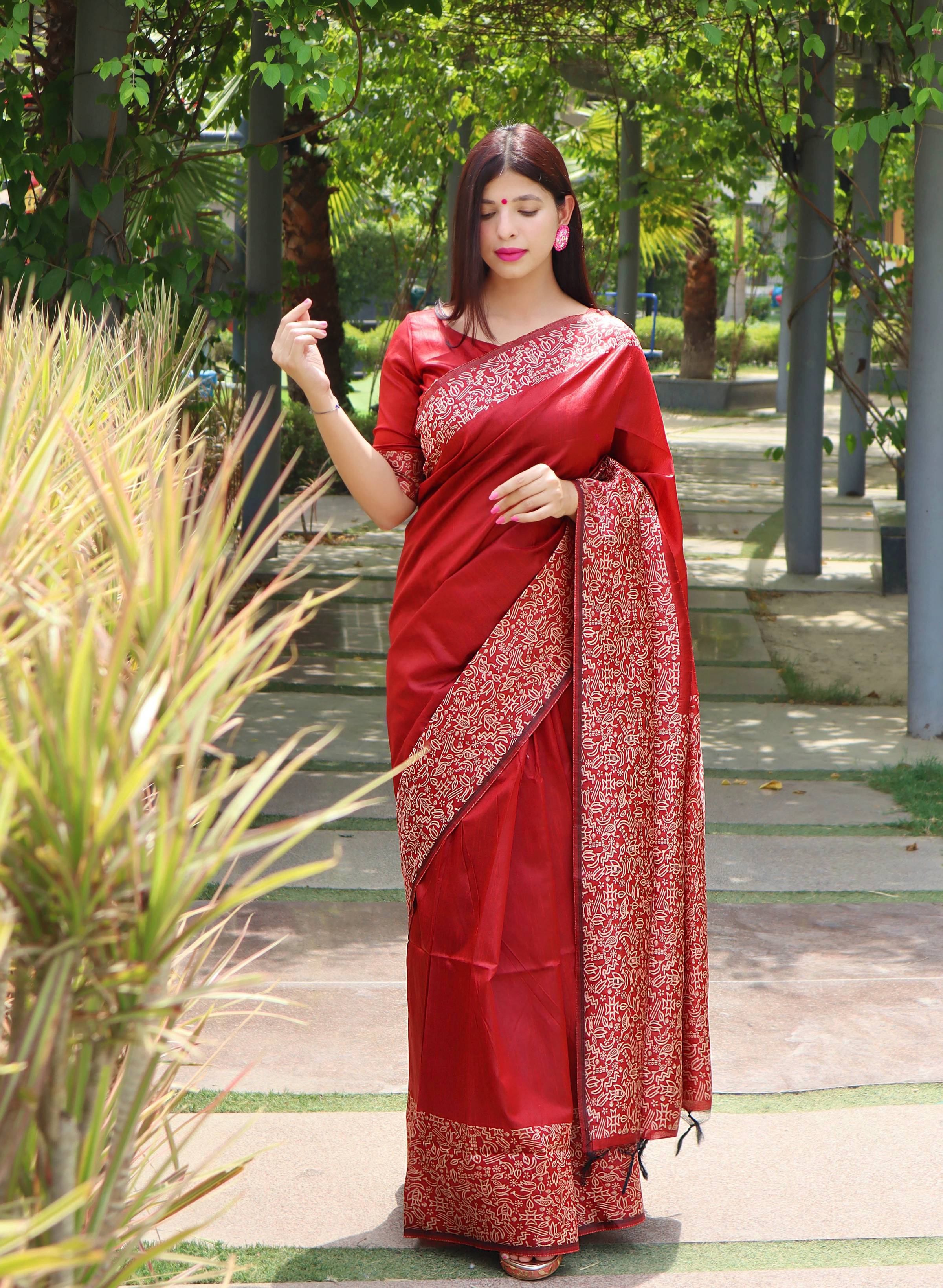 Jyoti Fashion Women's Red Handloom Raw Silk Printed Border Traditional Saree with Blouse - Distacart