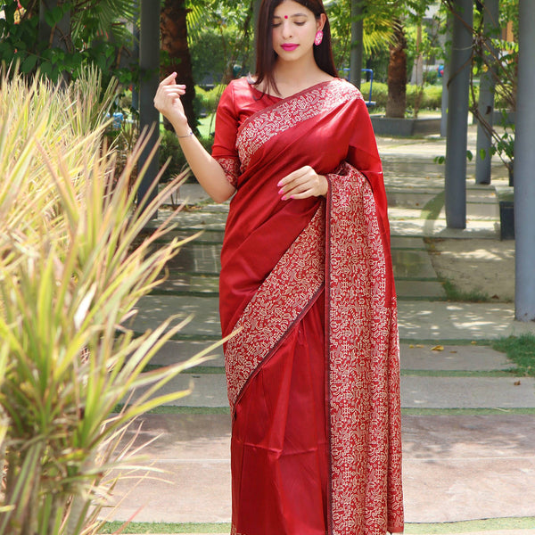 Jyoti Fashion Women's Red Handloom Raw Silk Printed Border Traditional Saree with Blouse - Distacart