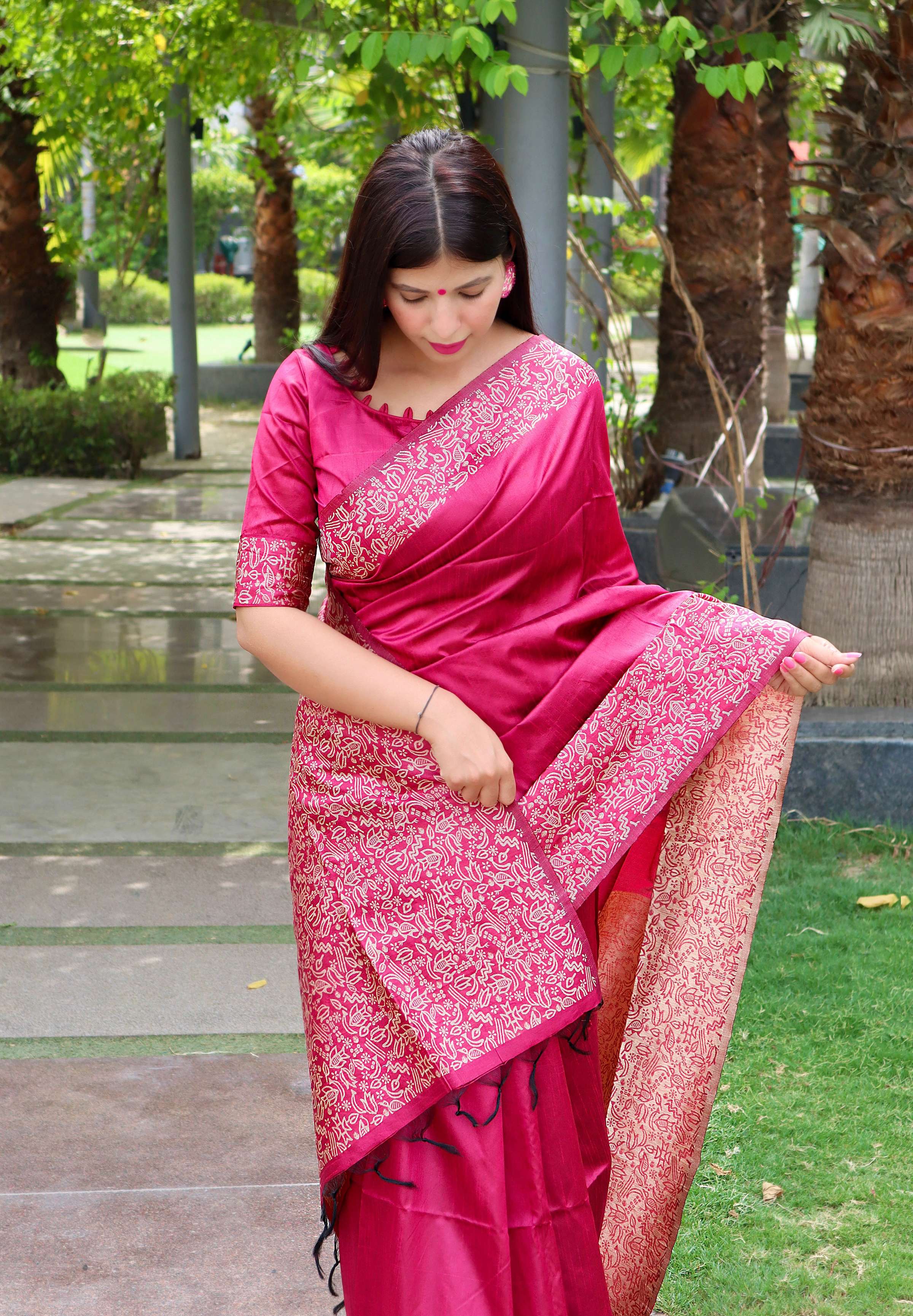 Jyoti Fashion Women's Pink Handloom Raw Silk Printed Border Traditional Saree with Blouse - Distacart