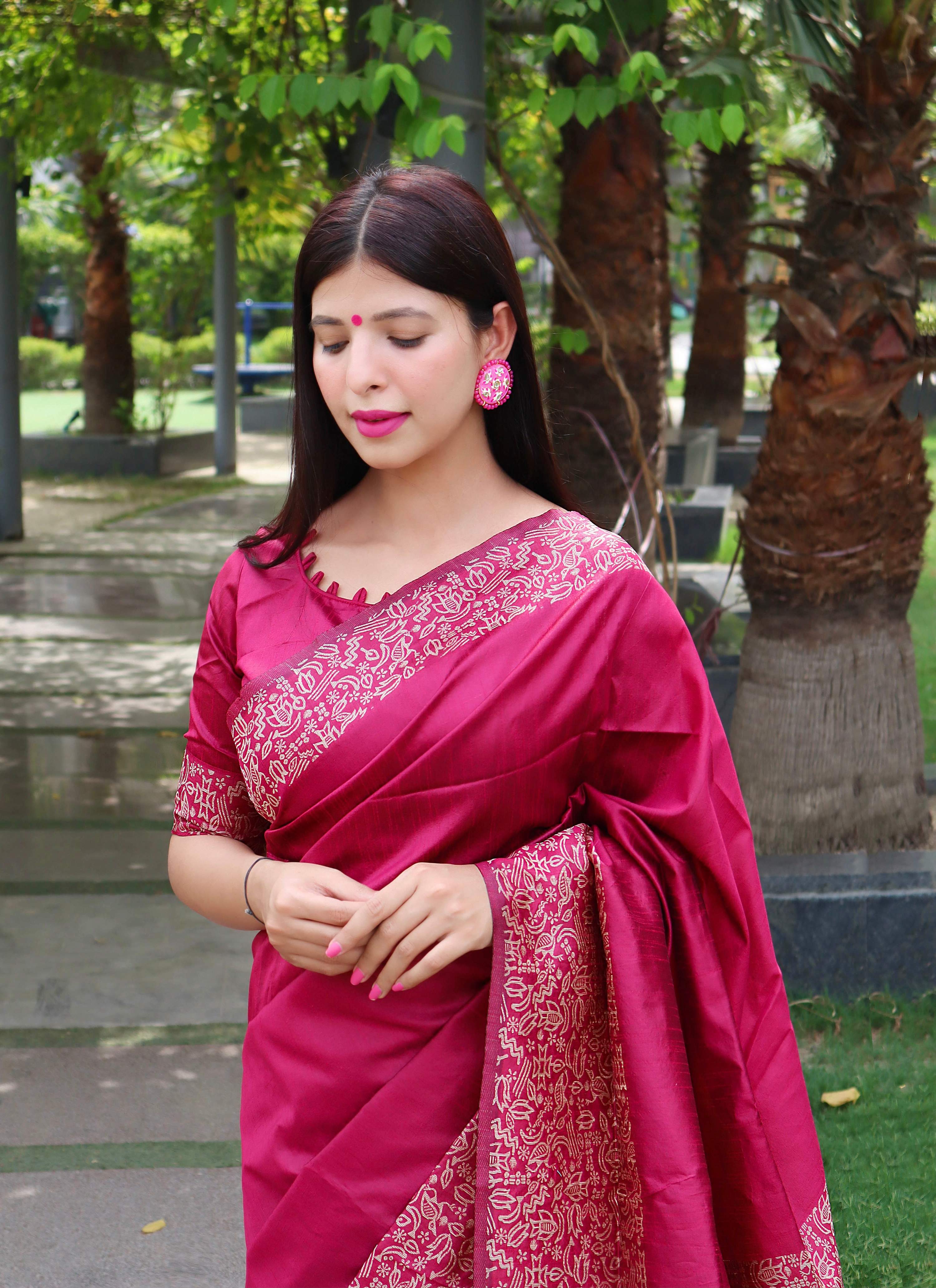 Jyoti Fashion Women's Pink Handloom Raw Silk Printed Border Traditional Saree with Blouse - Distacart