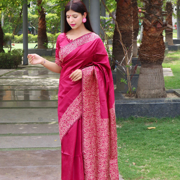 Jyoti Fashion Women's Pink Handloom Raw Silk Printed Border Traditional Saree with Blouse - Distacart