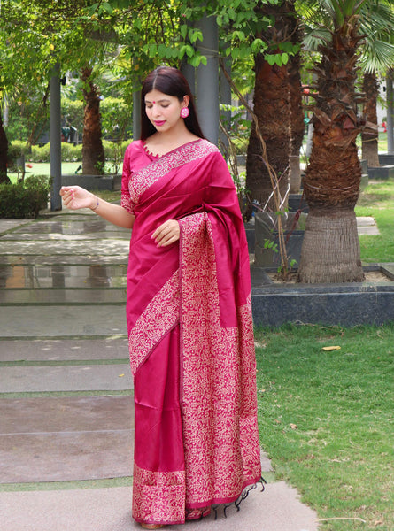 Jyoti Fashion Women's Pink Handloom Raw Silk Printed Border Traditional Saree with Blouse - Distacart