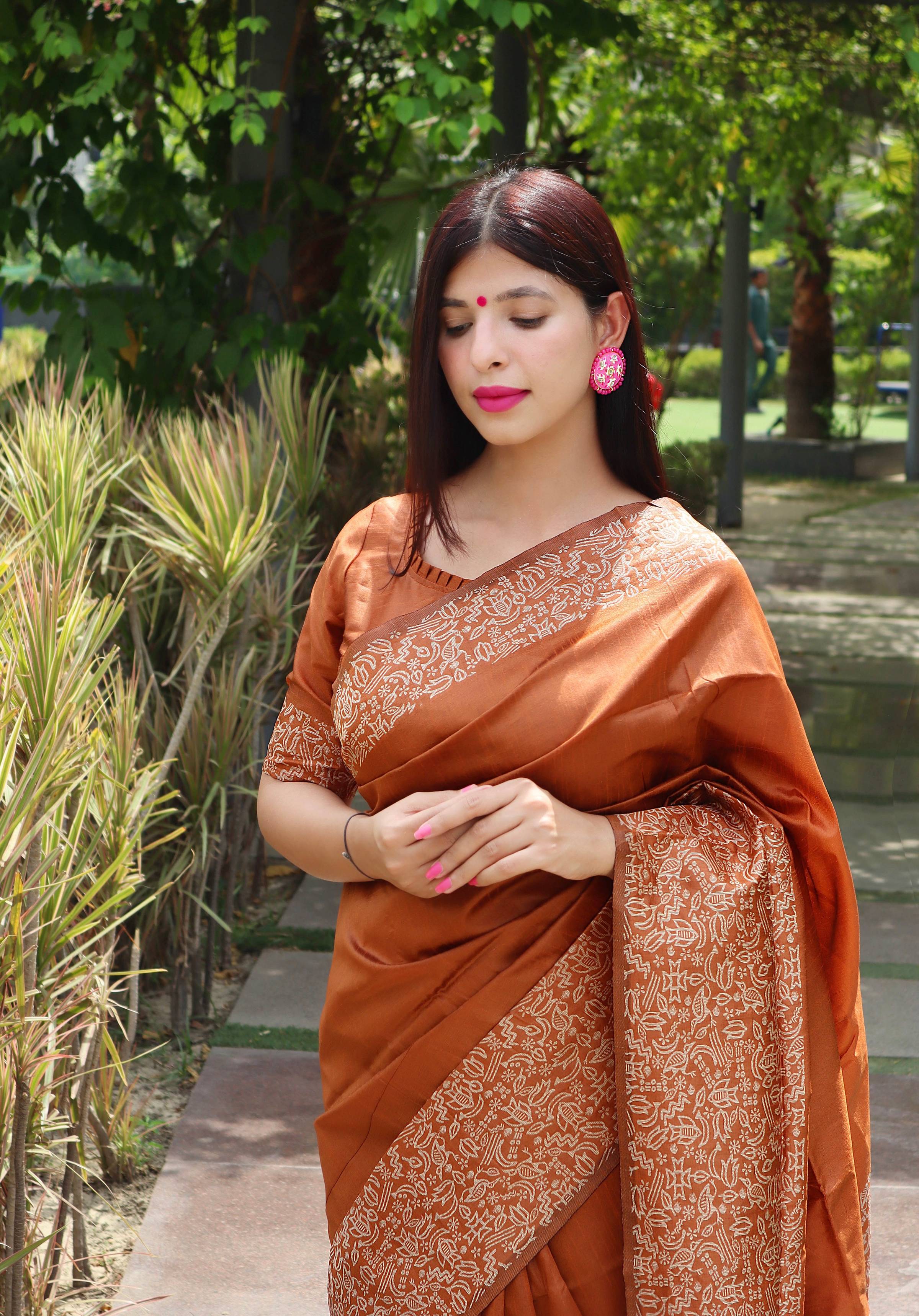 Jyoti Fashion Women's Orange Handloom Raw Silk Printed Border Traditional Saree with Blouse - Distacart
