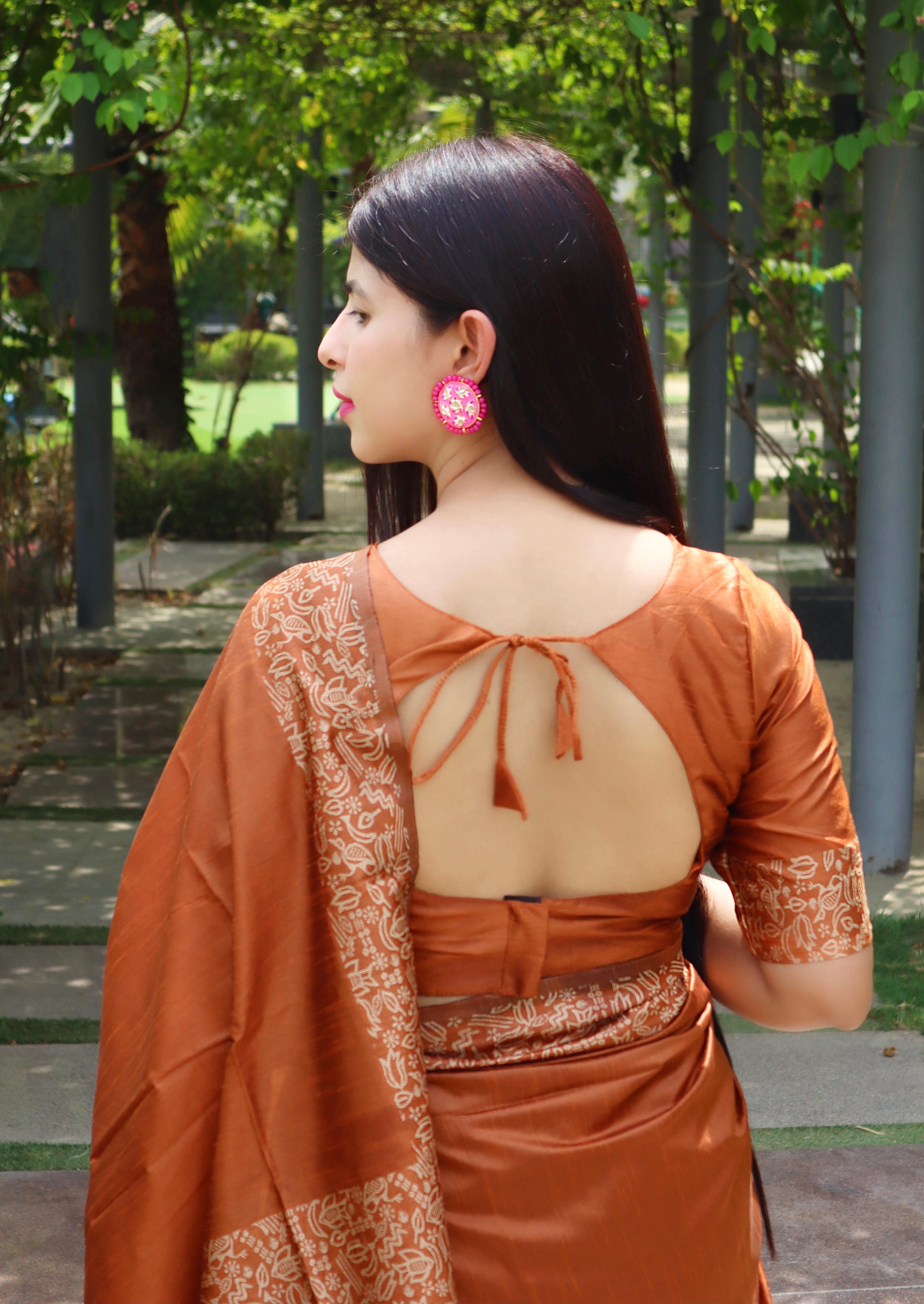 Jyoti Fashion Women's Orange Handloom Raw Silk Printed Border Traditional Saree with Blouse - Distacart