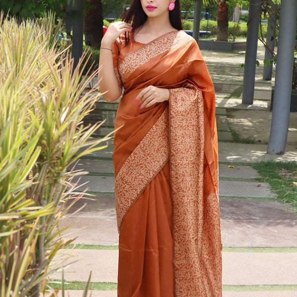 Jyoti Fashion Women's Orange Handloom Raw Silk Printed Border Traditional Saree with Blouse - Distacart