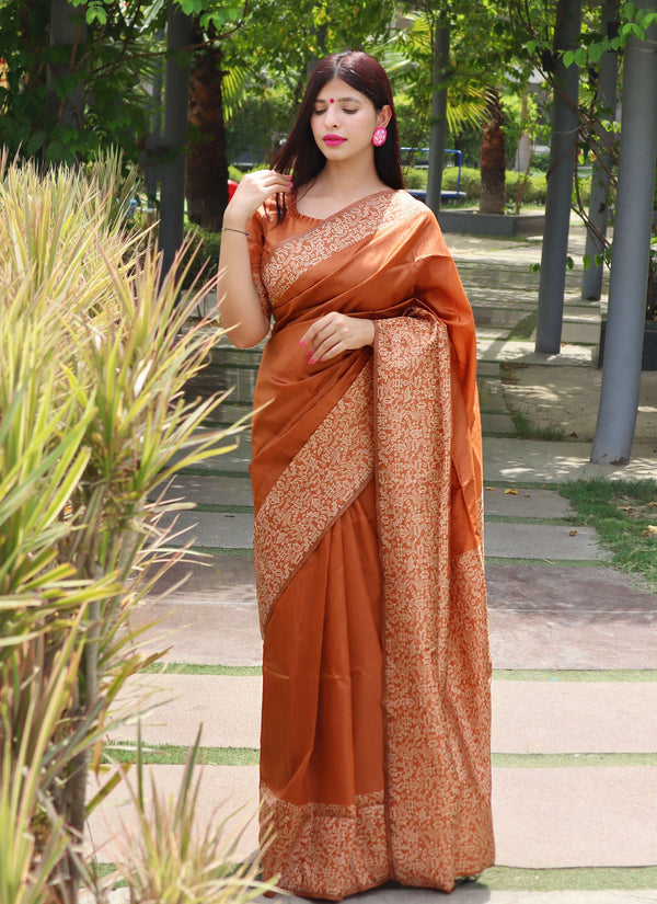 Jyoti Fashion Women's Orange Handloom Raw Silk Printed Border Traditional Saree with Blouse - Distacart