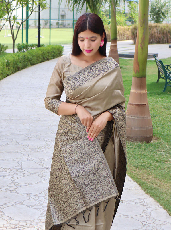 Jyoti Fashion Women's Cream Handloom Raw Silk Printed Border Traditional Saree with Blouse - Distacart