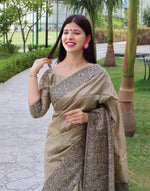 Thumbnail for Jyoti Fashion Women's Cream Handloom Raw Silk Printed Border Traditional Saree with Blouse - Distacart