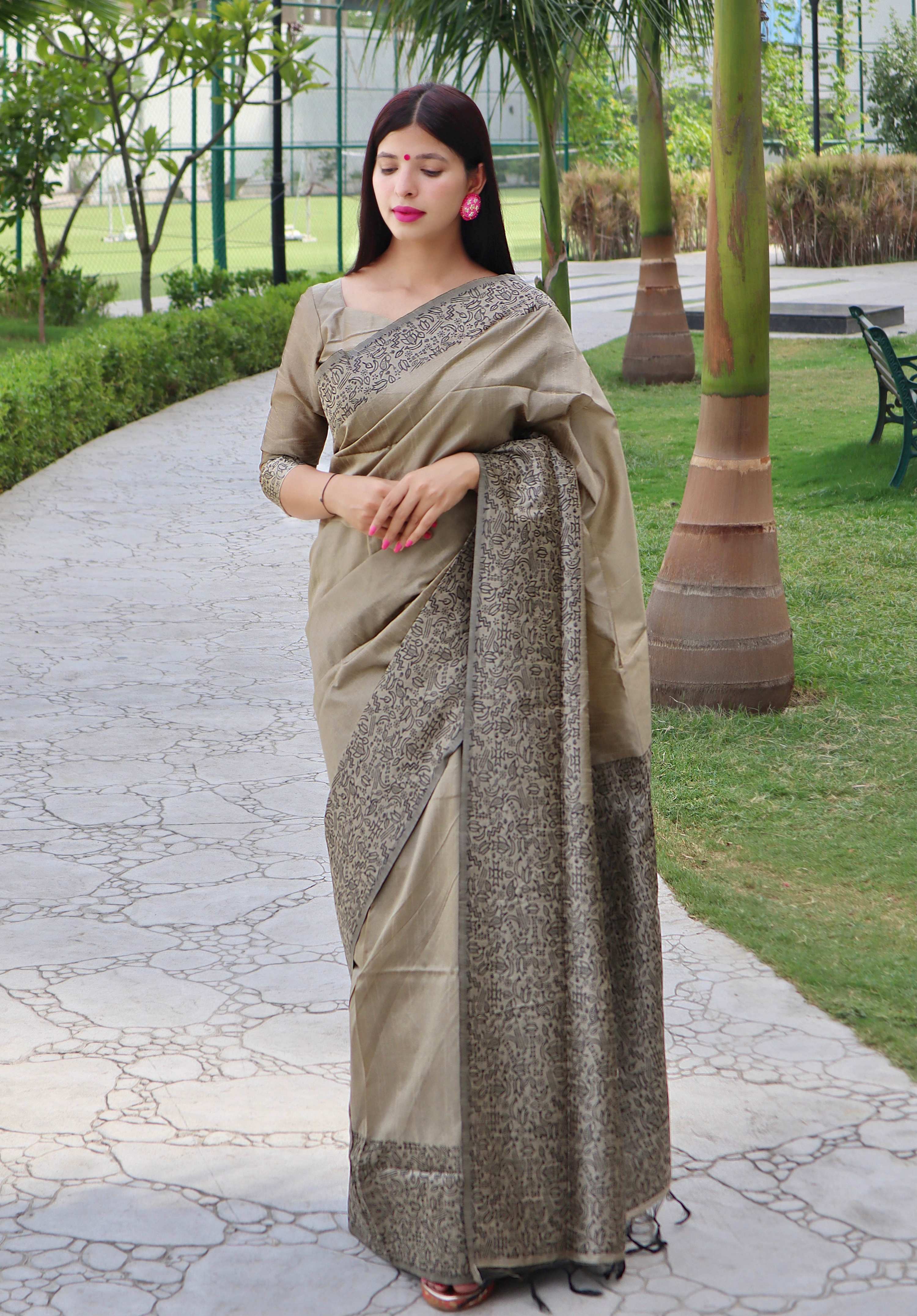 Jyoti Fashion Women's Cream Handloom Raw Silk Printed Border Traditional Saree with Blouse - Distacart