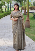 Thumbnail for Jyoti Fashion Women's Cream Handloom Raw Silk Printed Border Traditional Saree with Blouse - Distacart