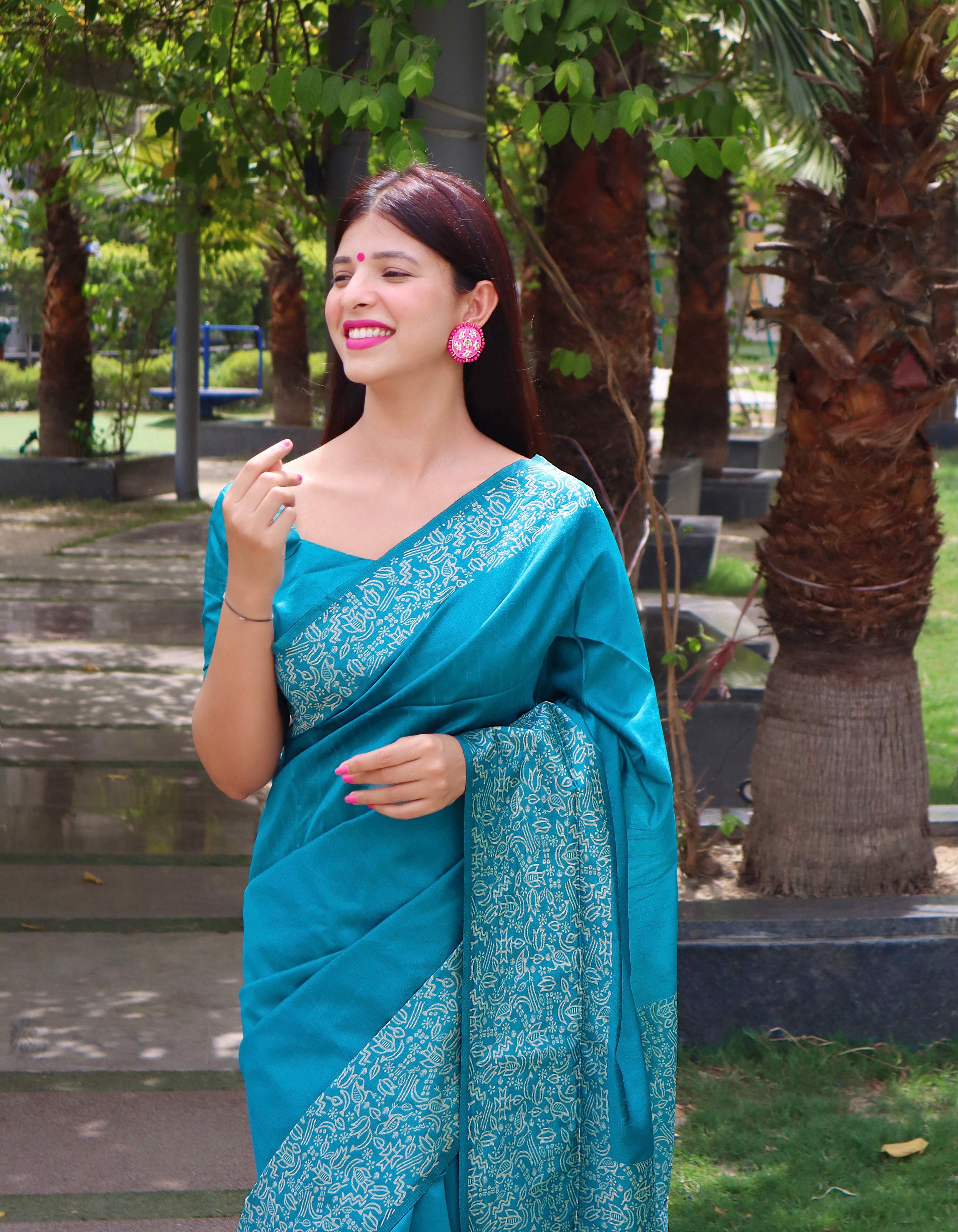 Jyoti Fashion Women's Firozi Handloom Raw Silk Printed Border Traditional Saree with Blouse - Distacart
