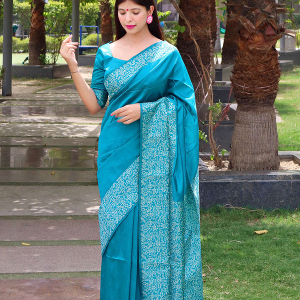 Jyoti Fashion Women's Firozi Handloom Raw Silk Printed Border Traditional Saree with Blouse - Distacart