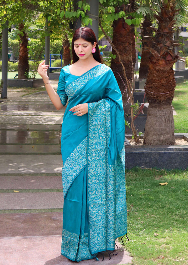 Jyoti Fashion Women's Firozi Handloom Raw Silk Printed Border Traditional Saree with Blouse - Distacart