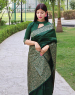 Thumbnail for Jyoti Fashion Women's Green Handloom Raw Silk Printed Border Traditional Saree with Blouse - Distacart