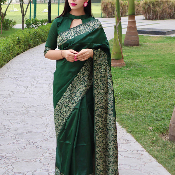 Jyoti Fashion Women's Green Handloom Raw Silk Printed Border Traditional Saree with Blouse - Distacart