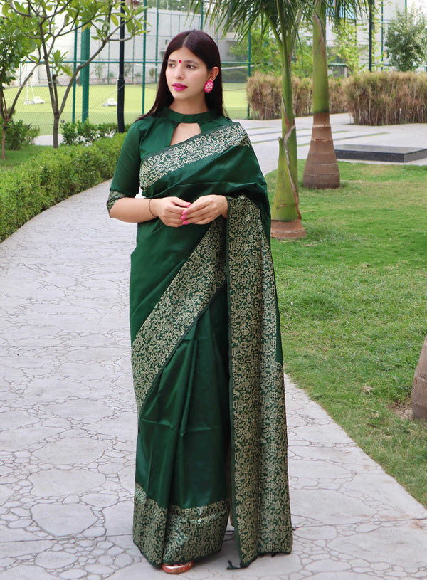 Jyoti Fashion Women's Green Handloom Raw Silk Printed Border Traditional Saree with Blouse - Distacart