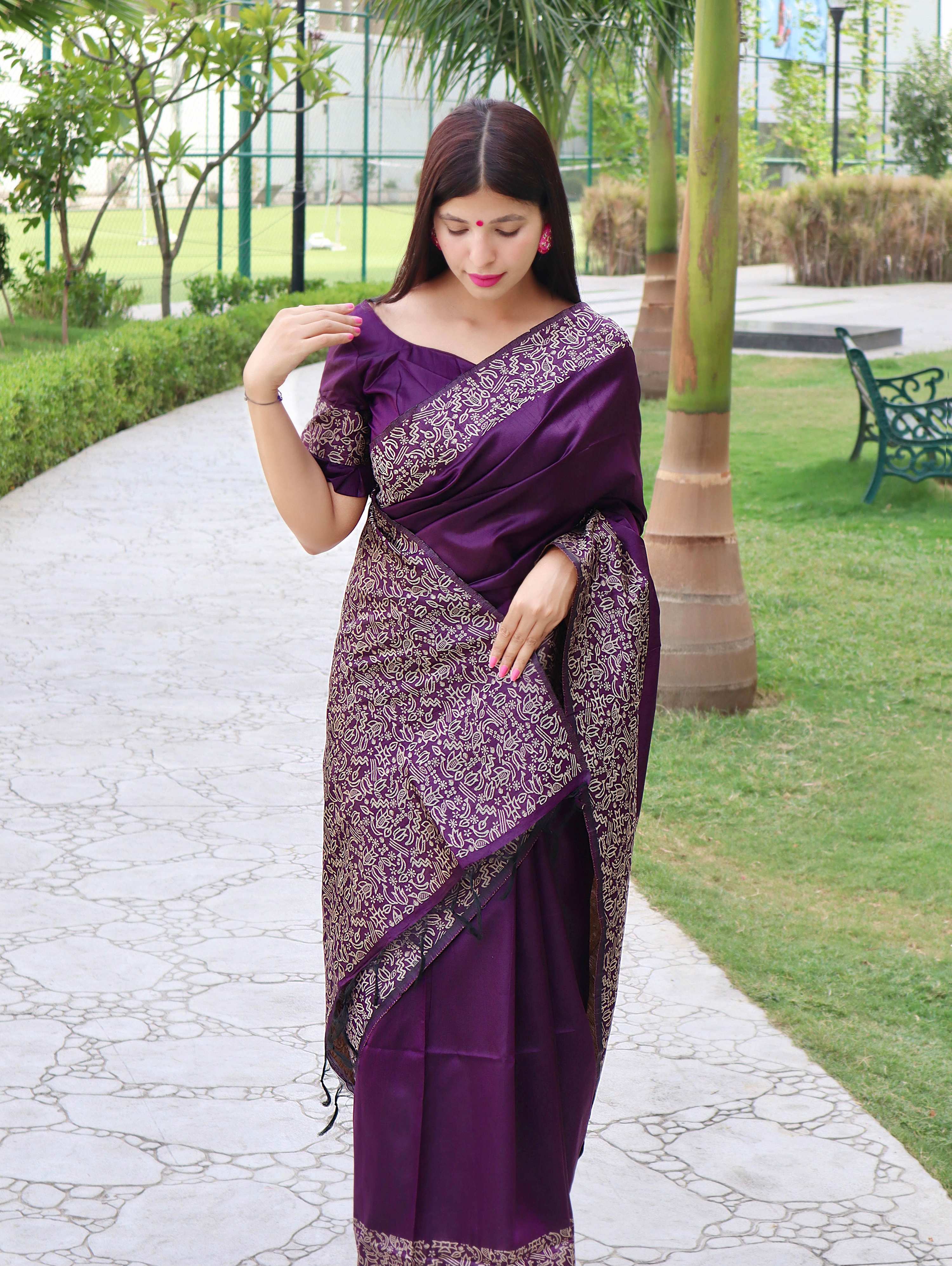 Jyoti Fashion Women's Purple Handloom Raw Silk Printed Border Traditional Saree with Blouse - Distacart