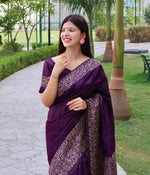 Thumbnail for Jyoti Fashion Women's Purple Handloom Raw Silk Printed Border Traditional Saree with Blouse - Distacart