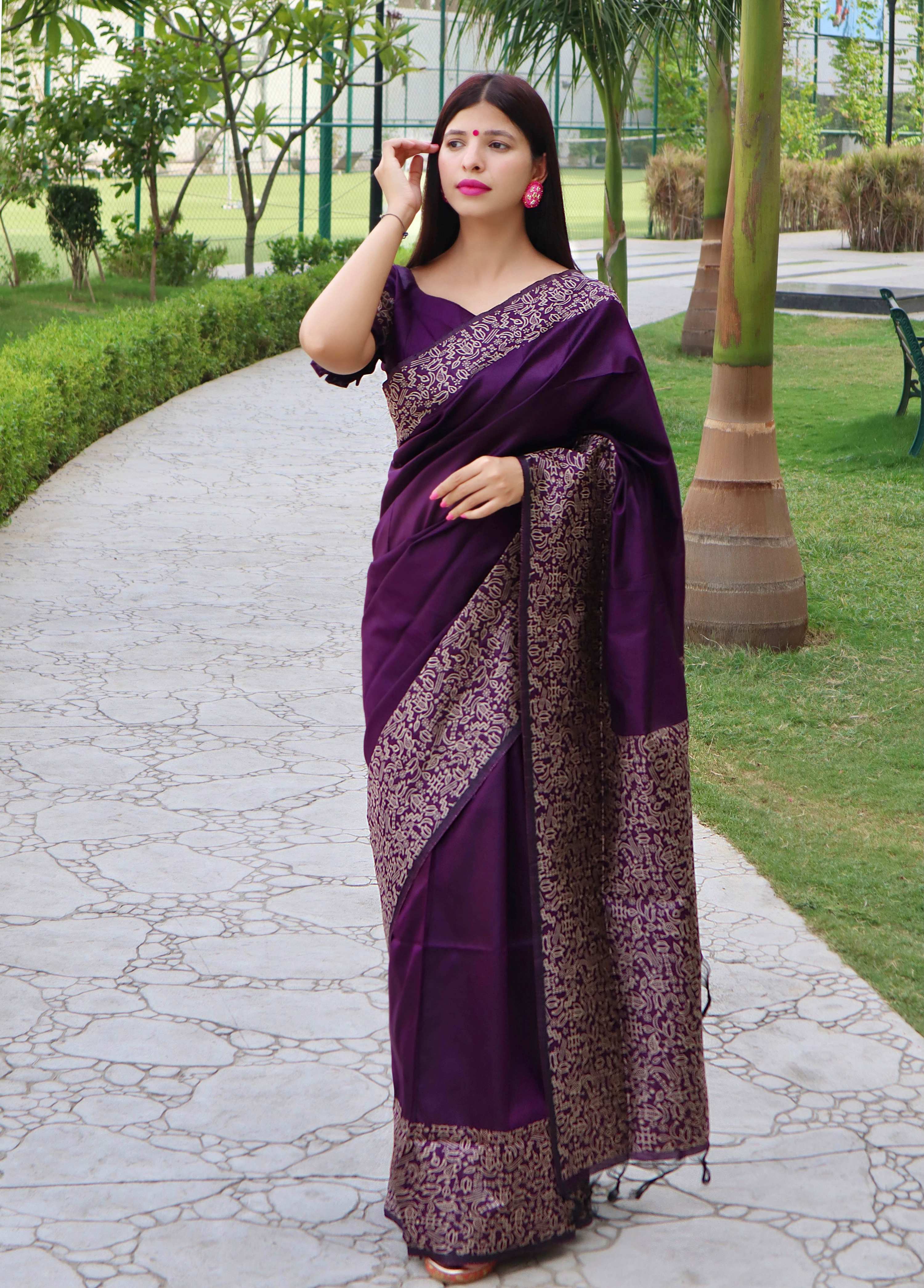 Jyoti Fashion Women's Purple Handloom Raw Silk Printed Border Traditional Saree with Blouse - Distacart