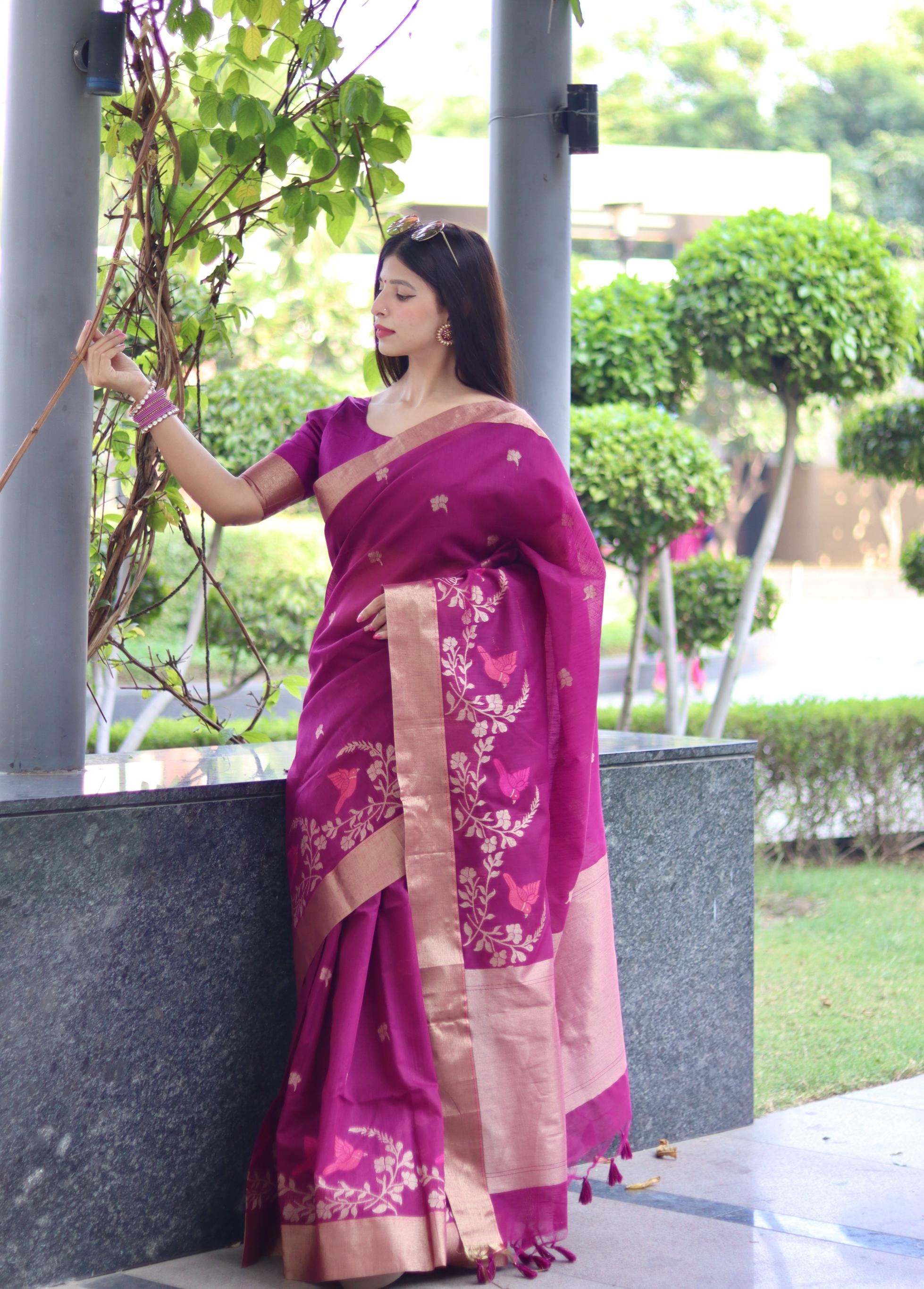 Jyoti Fashion Women's Magenta Linen Silk Zari Woven Traditional Saree with Blouse - Distacart