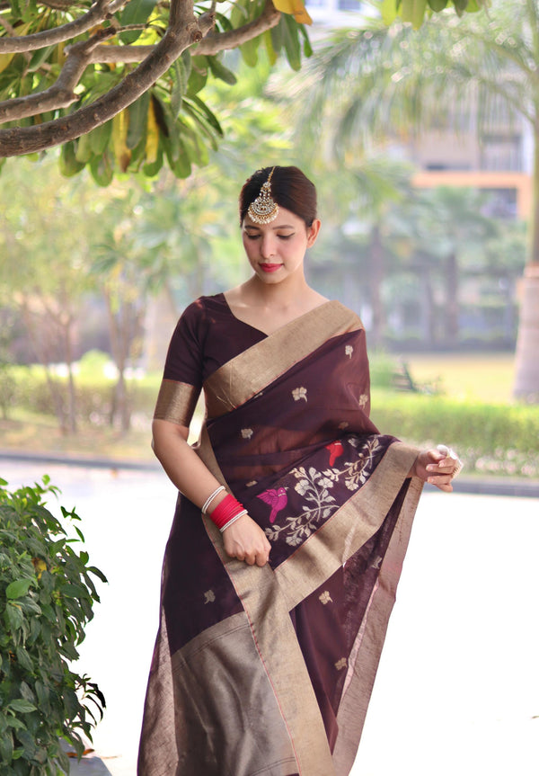 Jyoti Fashion Women's Coffee Linen Silk Zari Woven Traditional Saree with Blouse - Distacart