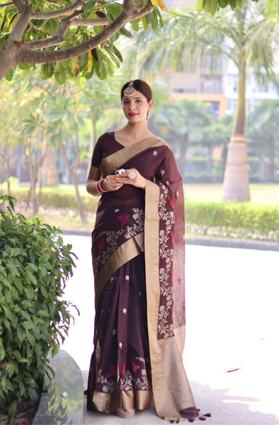 Jyoti Fashion Women's Coffee Linen Silk Zari Woven Traditional Saree with Blouse - Distacart