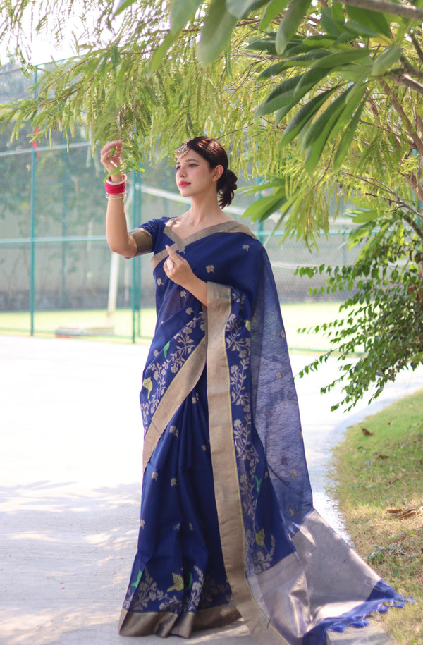 Jyoti Fashion Women's Blue Linen Silk Zari Woven Traditional Saree with Blouse - Distacart