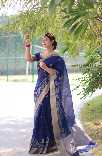 Jyoti Fashion Women's Blue Linen Silk Zari Woven Traditional Saree with Blouse - Distacart
