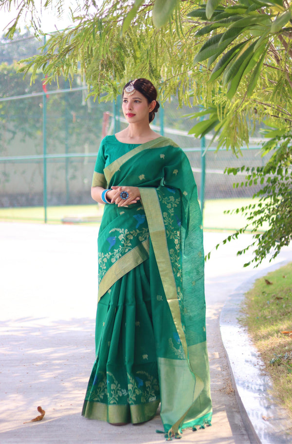 Jyoti Fashion Women's Rama Linen Silk Zari Woven Traditional Saree with Blouse - Distacart