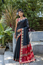 Thumbnail for Jyoti Fashion Women's Black Tussar Silk Temple Border with Zari Lining Traditional Saree with Blouse - Distacart