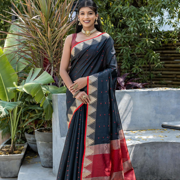 Jyoti Fashion Women's Black Tussar Silk Temple Border with Zari Lining Traditional Saree with Blouse - Distacart